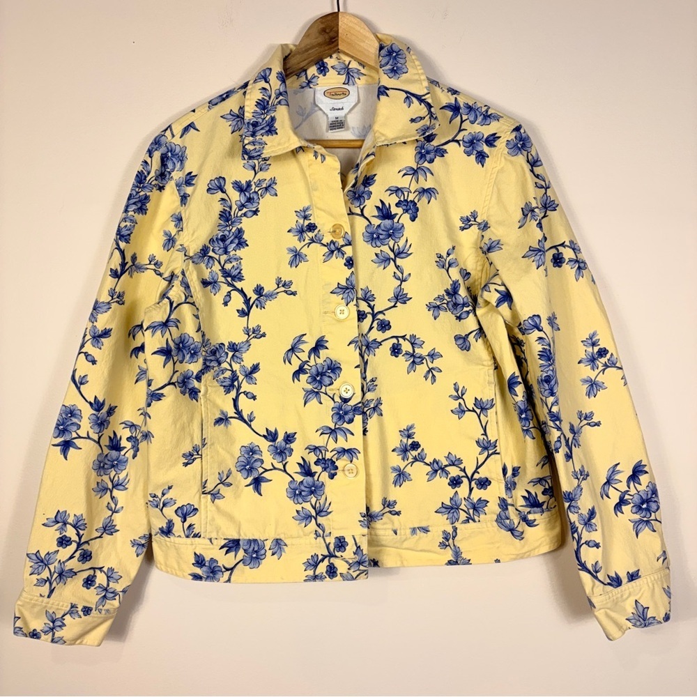 Talbots Floral Button Down Cotton Jacket Blue Yellow Print Feminine Preppy